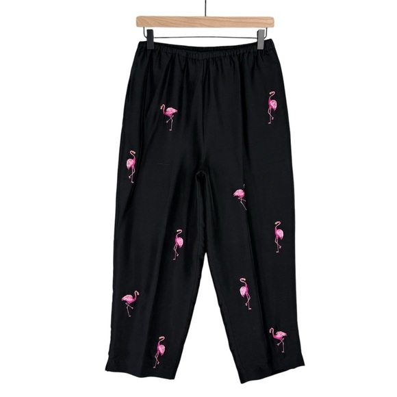 Quacker Factory Capris Womens Small Black High Rise Pull On Pants Silk Flamingos - Picture 1 of 9